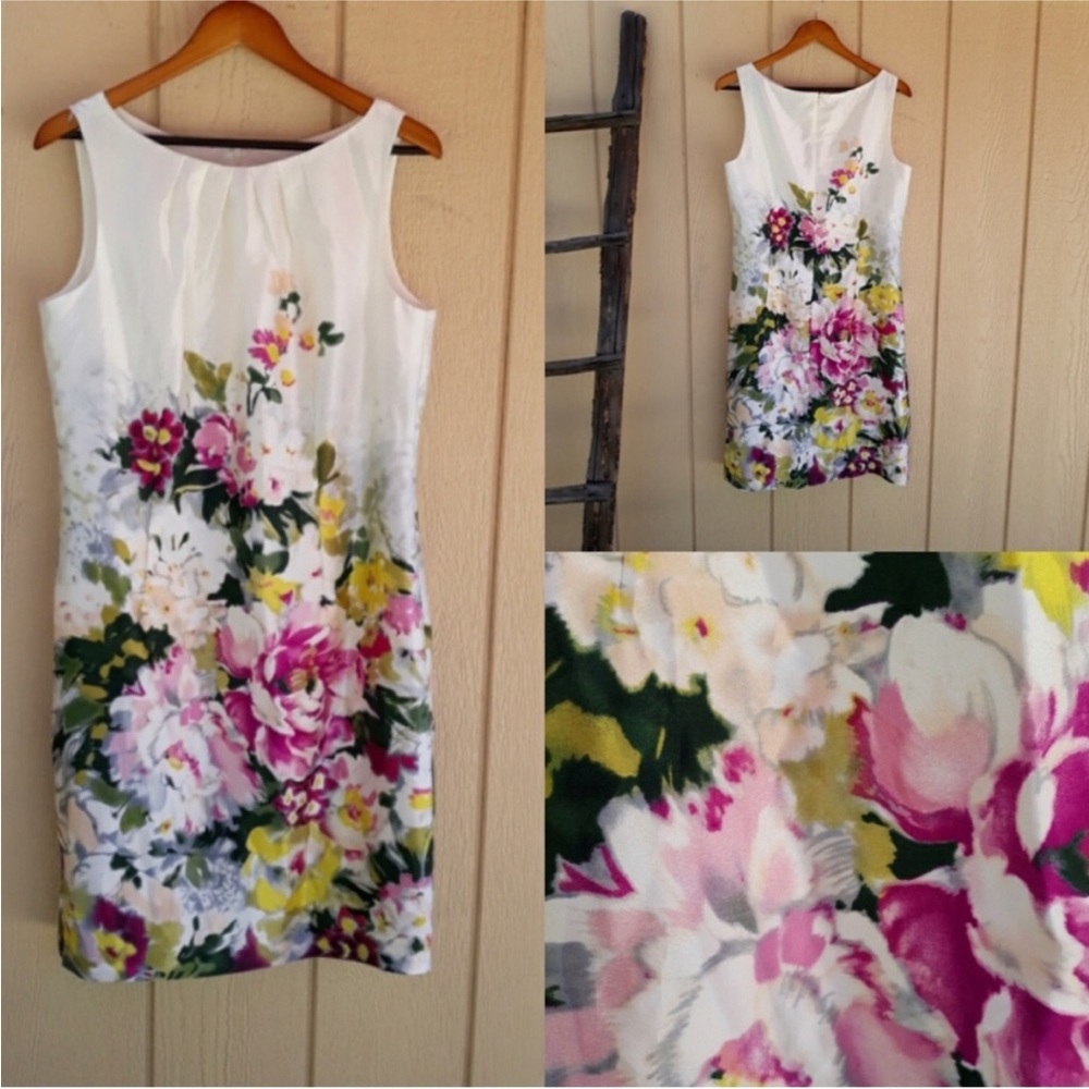 Floral Sleeveless Dress White Pink Ann Taylor 2 Silk Sheath Spring Belted Party